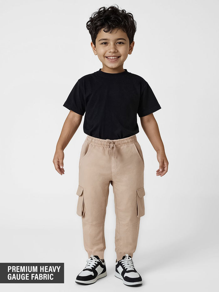 Solids: Creamy Beige Boys Cargo Joggers (2-8 Yrs)