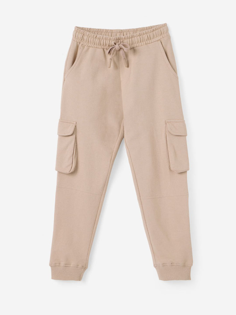 Solids: Creamy Beige Boys Cargo Joggers (2-8 Yrs)