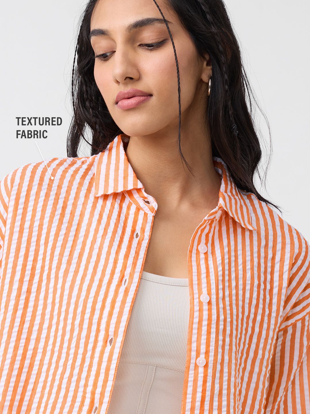 Textured Stripes: Tangerine Women Cropped Shirts