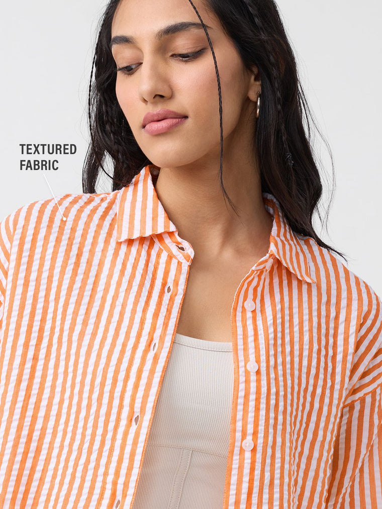 Textured Stripes: Tangerine Women Cropped Shirts