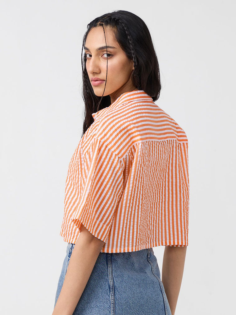 Textured Stripes: Tangerine Women Cropped Shirts