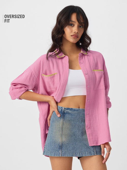 Textured Shirt: Flamingo Pink Women Oversized Shirts