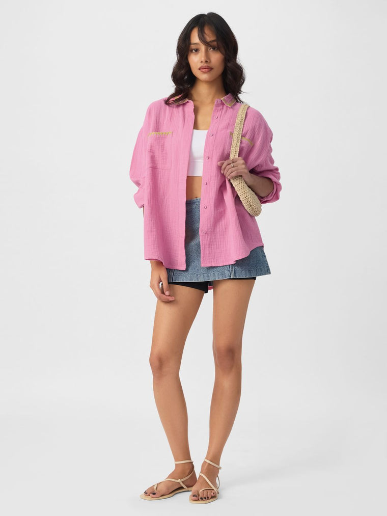 Textured Shirt: Flamingo Pink Women Oversized Shirts