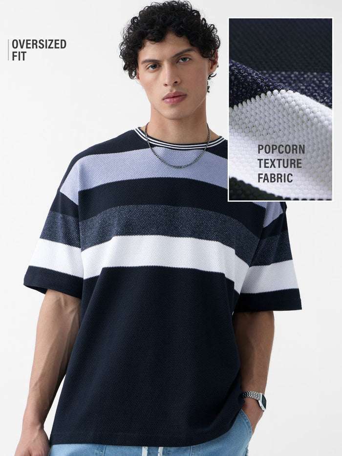 Popcorn Stripes: Blue Horizon Oversized T-Shirts