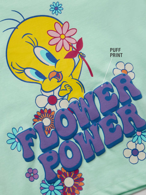 Looney Tunes: Flower Power Girls Cotton Flutter Sleeve Tops (2-8 Yrs)