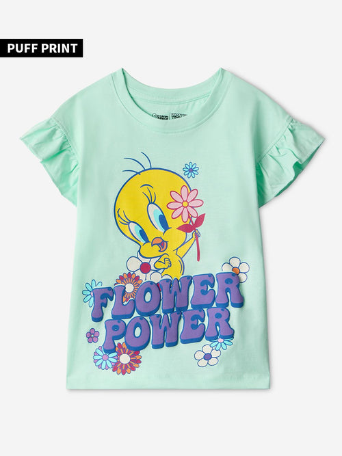 Looney Tunes: Flower Power Girls Cotton Flutter Sleeve Tops (2-8 Yrs)
