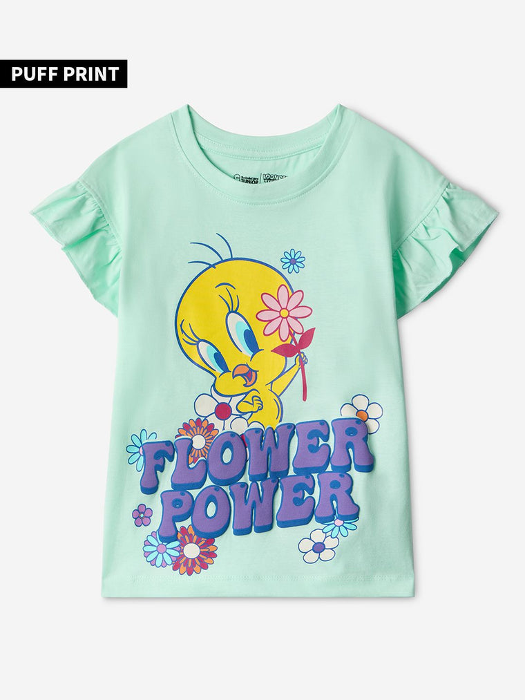 Looney Tunes: Flower Power Girls Cotton Flutter Sleeve Tops (2-8 Yrs)