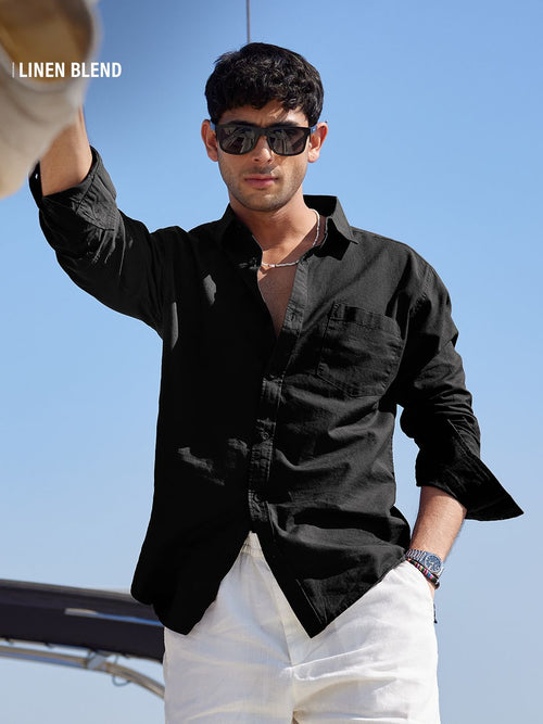 Cotton Linen: Bold Black Cotton Linen Shirts