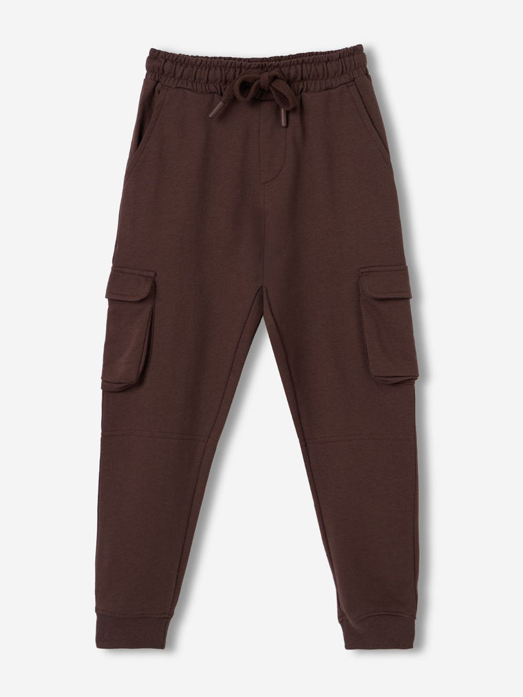 Solids: Choco Brown Boys Cargo Joggers (2-8 Yrs)