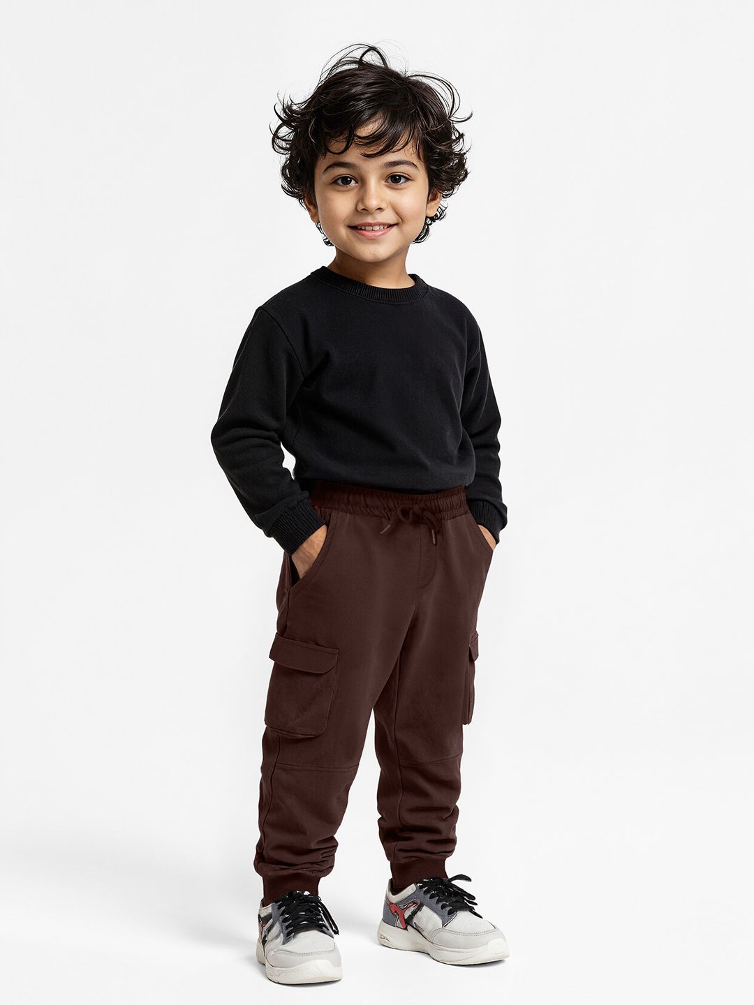 Solids: Choco Brown Boys Cargo Joggers (2-8 Yrs)