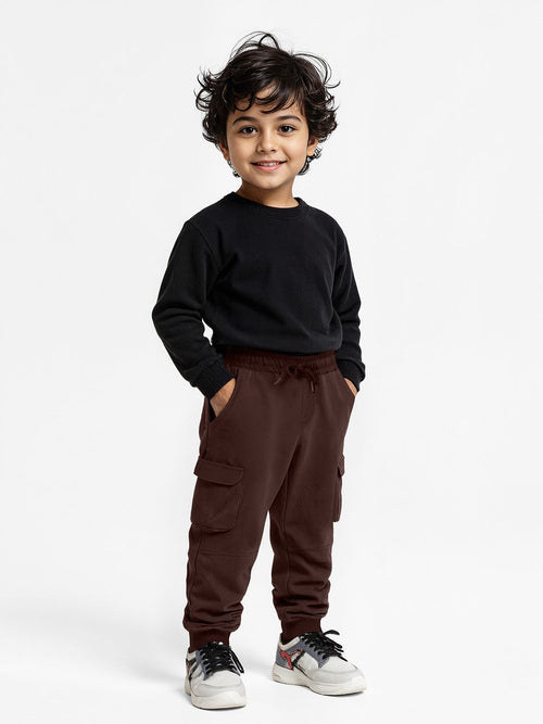 Solids: Choco Brown Boys Cargo Joggers (2-8 Yrs)