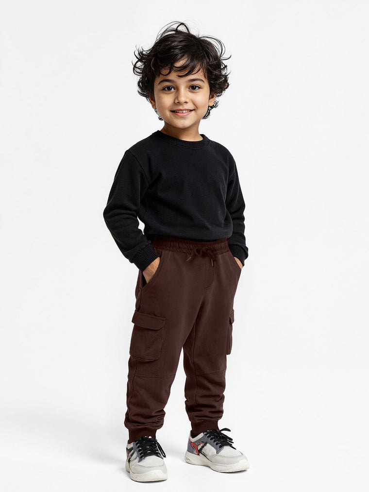 Solids: Choco Brown Boys Cargo Joggers (2-8 Yrs)