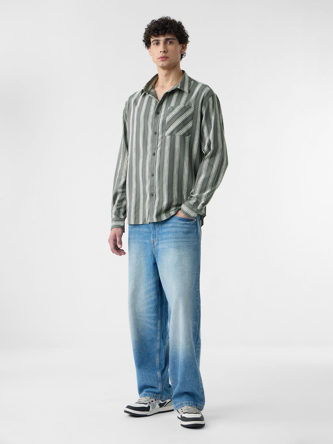 Textured Stripes: Grey Men Relaxed Shirts