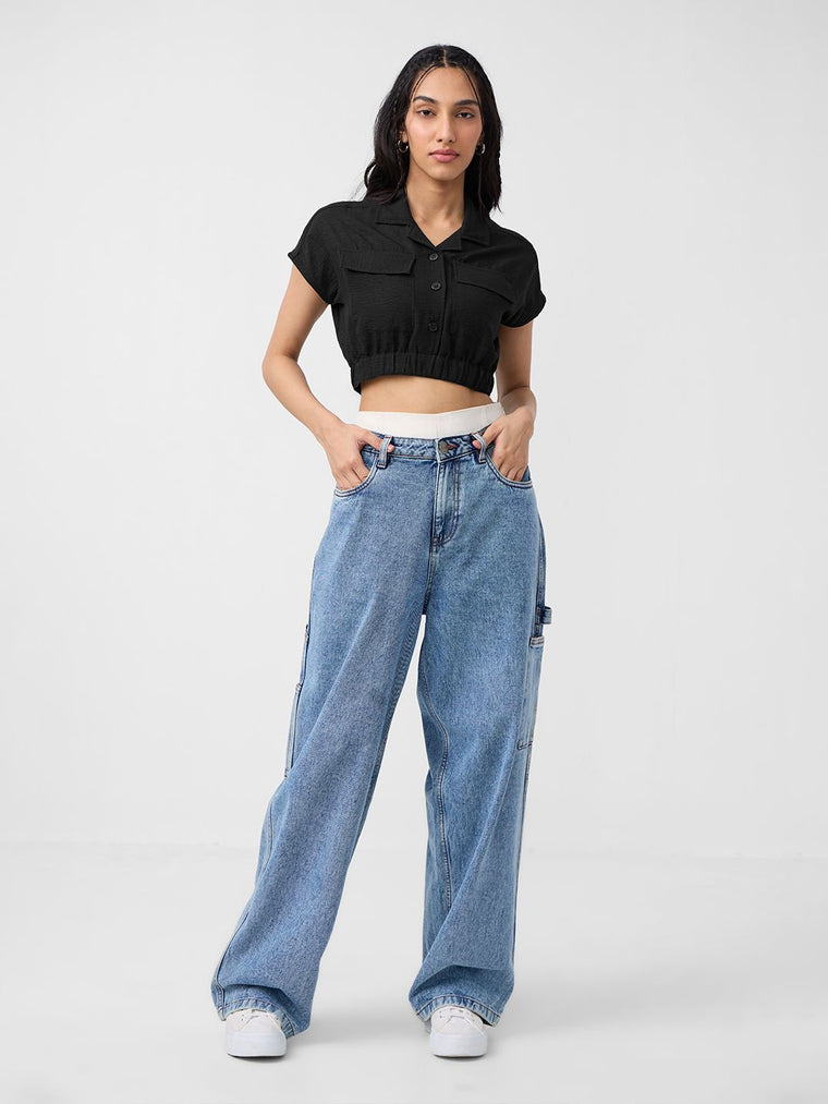 Textured Crop Top: Black Women Knit Tops
