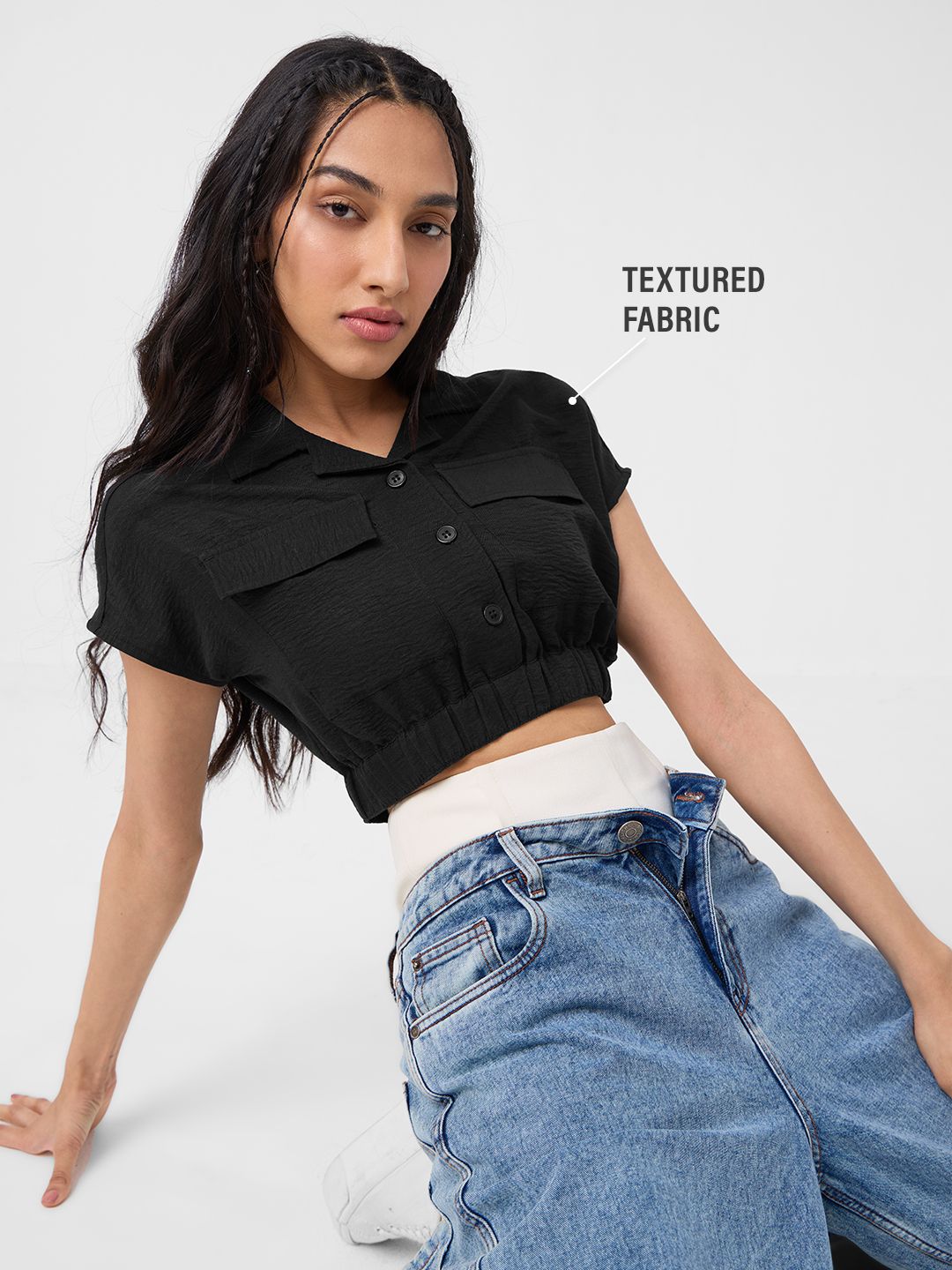 Textured Crop Top: Black Women Knit Tops