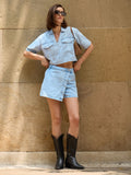 Denim Top: Mid Blue Women Denim Tops