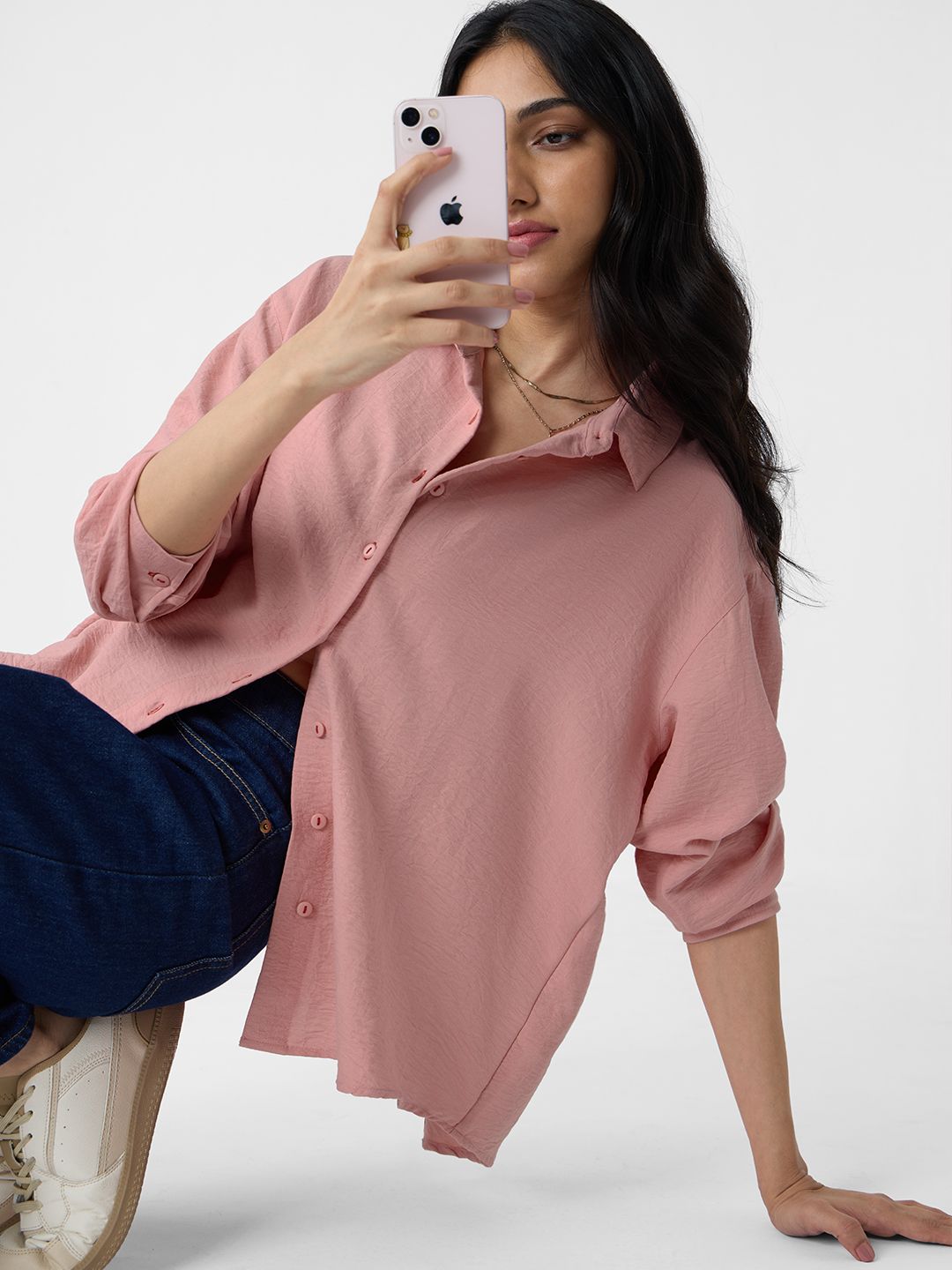 Textured Shirt: Rose Pink Women Oversized Shirts