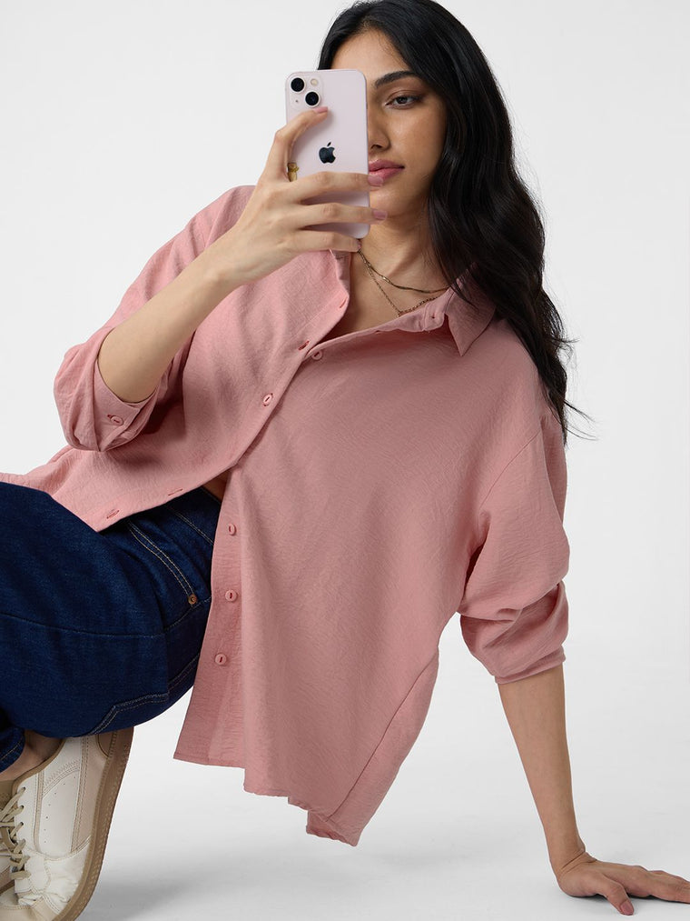 Textured Shirt: Rose Pink Women Oversized Shirts