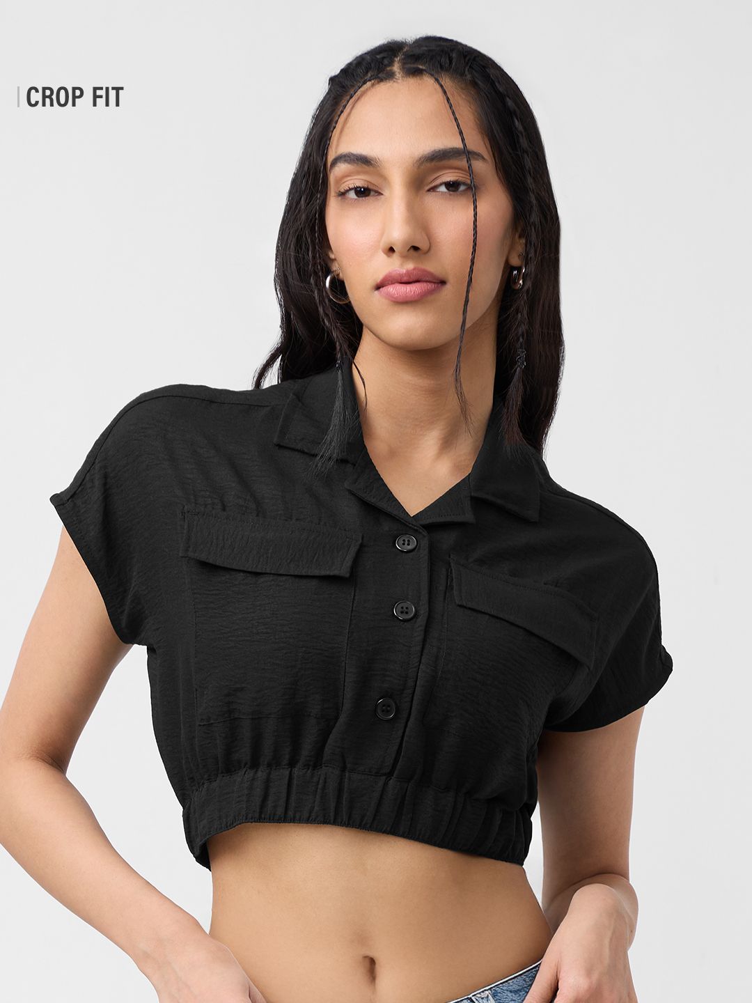 Textured Crop Top: Black Women Knit Tops