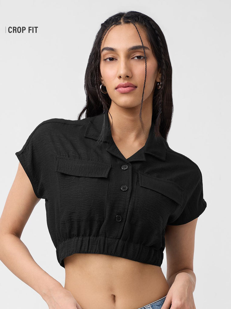 Textured Crop Top: Black Women Knit Tops
