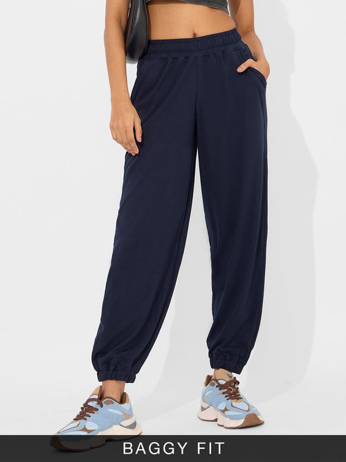 Solids Joggers: Navy Blue Women Cinched Joggers