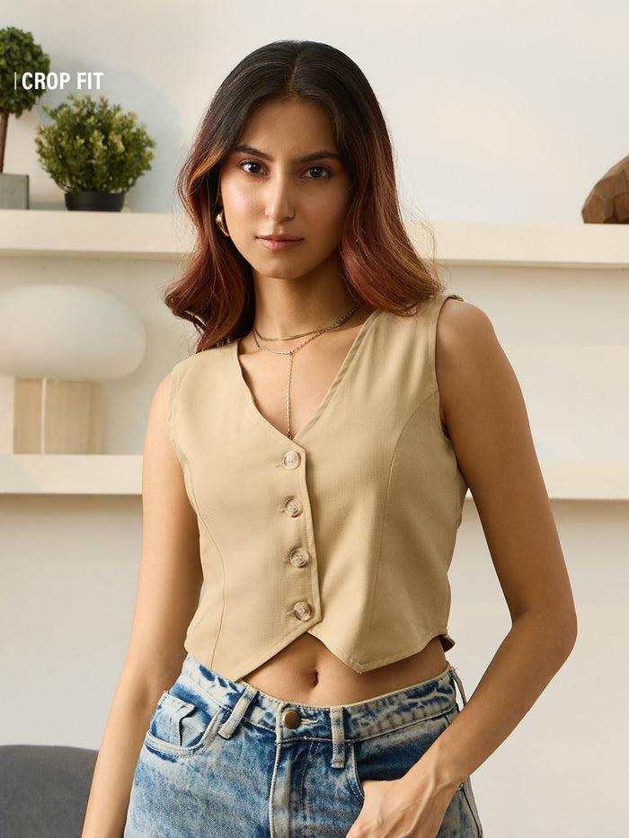 Cropped Vest Top: Beige Women Fashion Tops