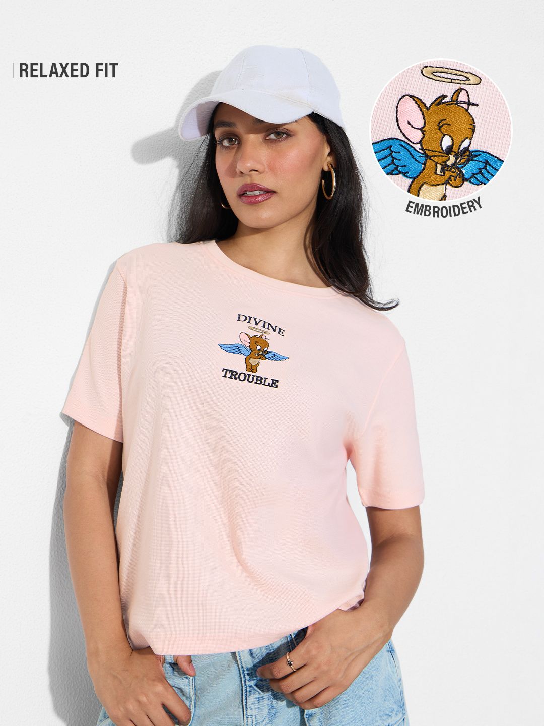 Textured T-shirt: Tom & Jerry Trouble Women Relaxed T-Shirts