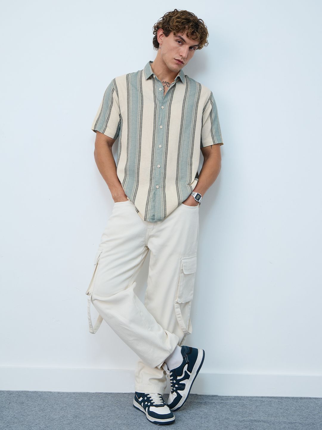 Cotton Linen Stripes: Jade Haze Cotton Linen Shirts