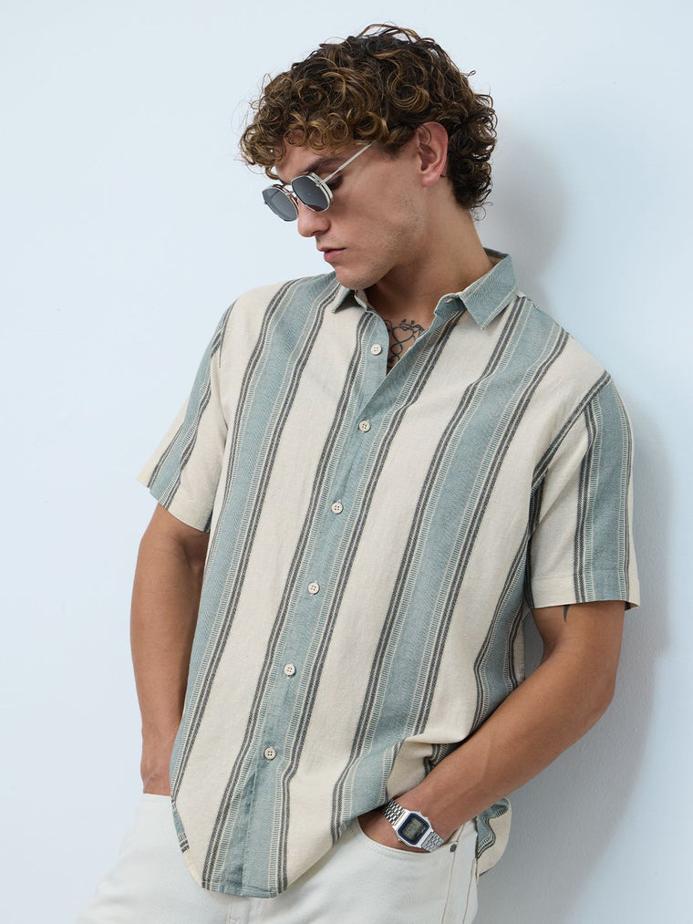 Cotton Linen Stripes: Jade Haze Cotton Linen Shirts