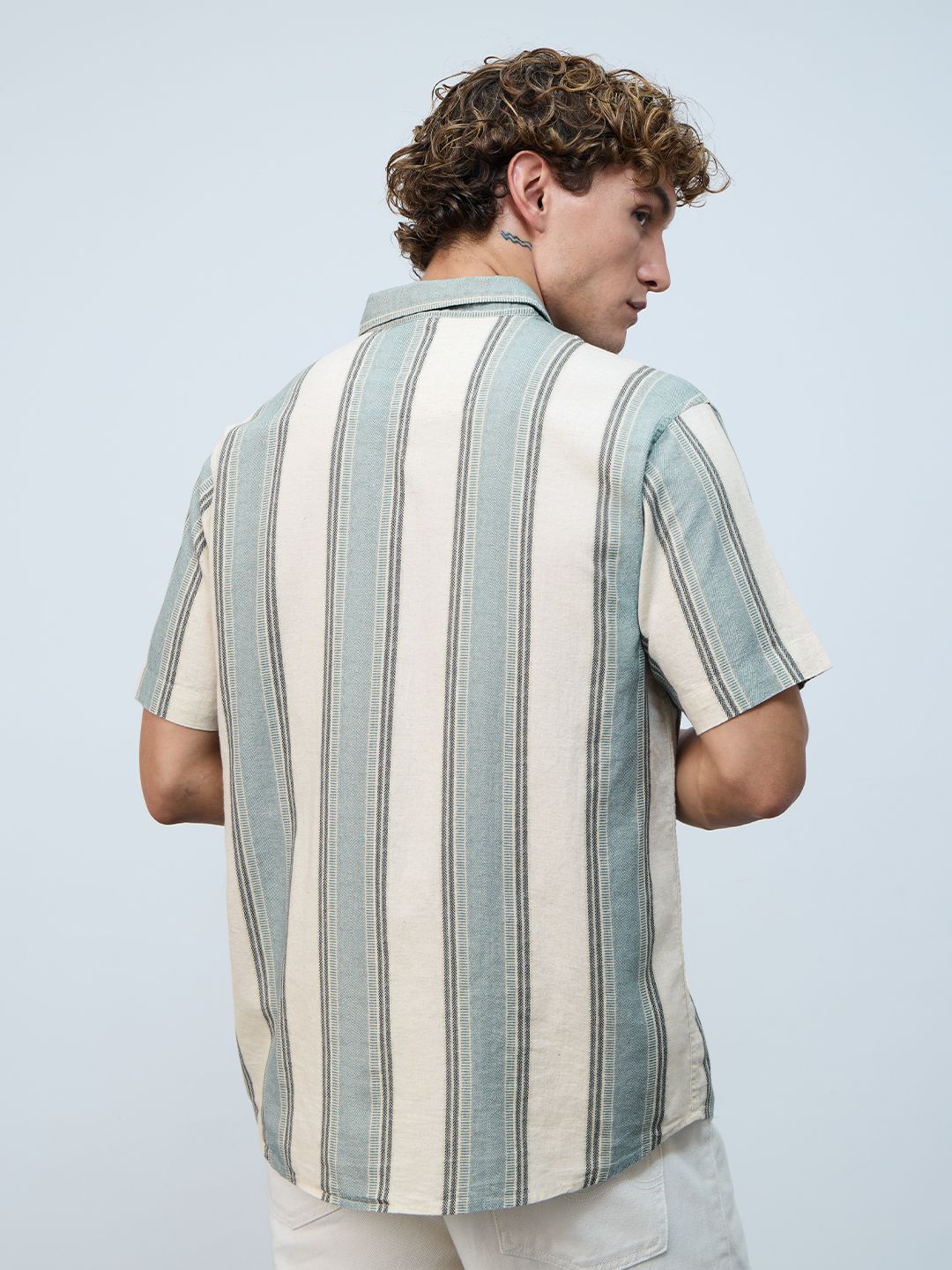 Cotton Linen Stripes: Jade Haze Cotton Linen Shirts