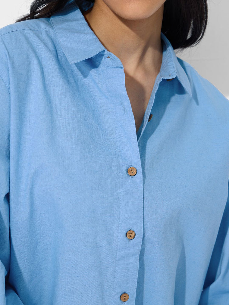 Cotton Linen Shirt: Beach Blue Women Oversized Shirts