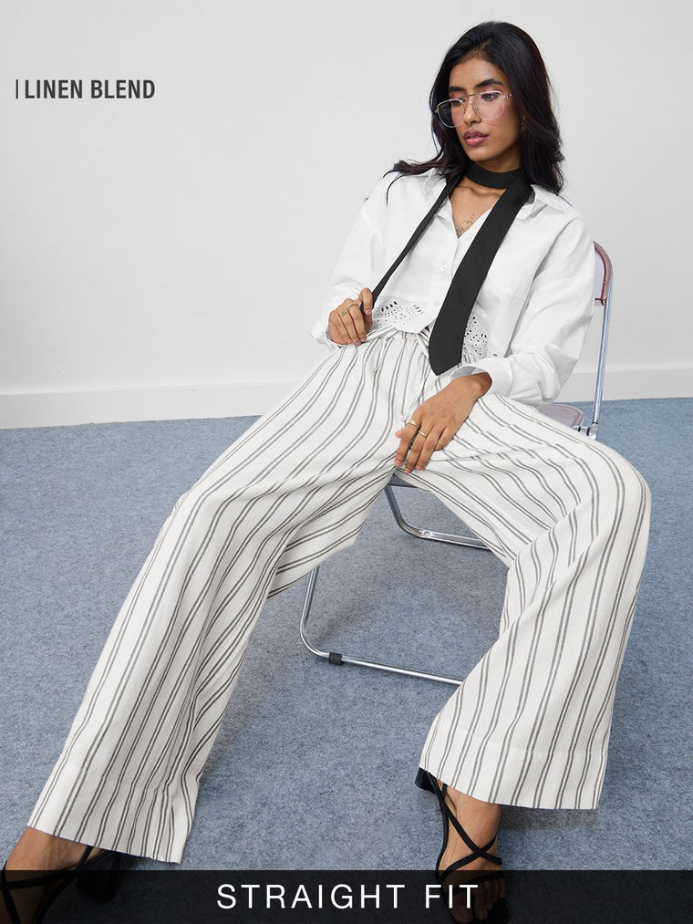 Cotton Linen Pant: Grey Stripe Women Straight Pants