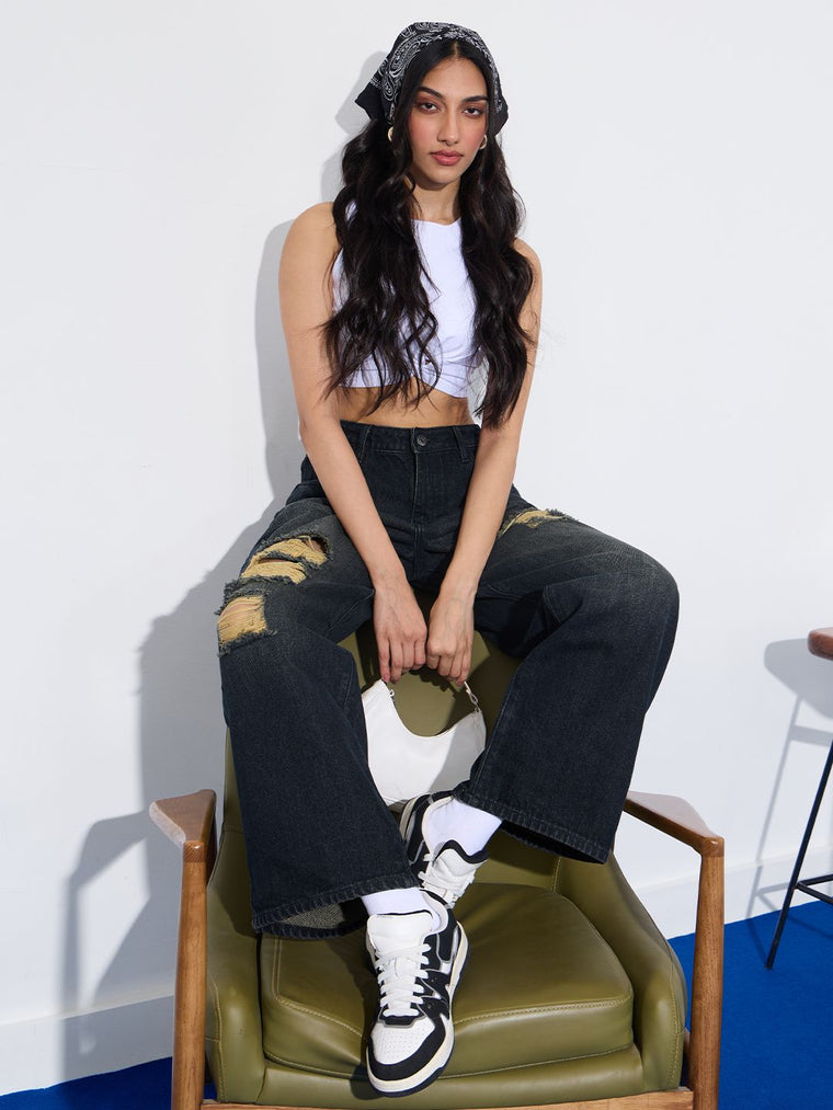 Baggy-Fit Denim: Distressed Clover Women Baggy Denims