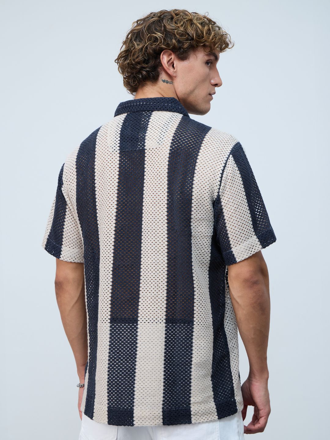 Open-Knit Shirt: Navy Stripes Men Textured Shirts