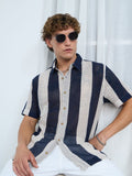 Open-Knit Shirt: Navy Stripes Men Textured Shirts