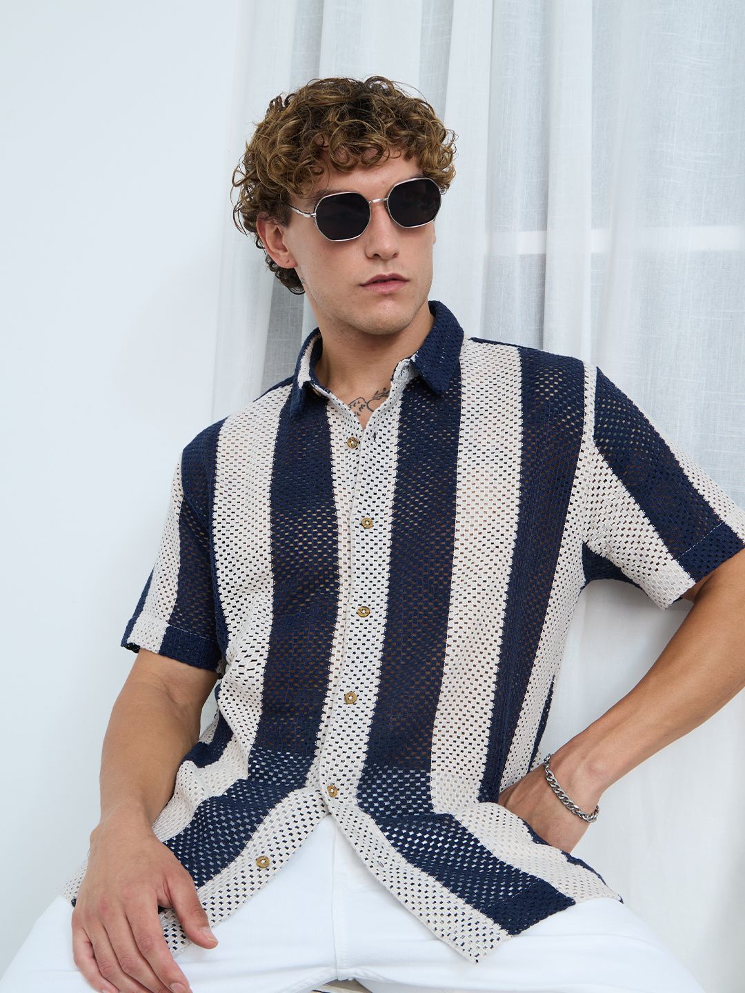 Open-Knit Shirt: Navy Stripes Men Textured Shirts