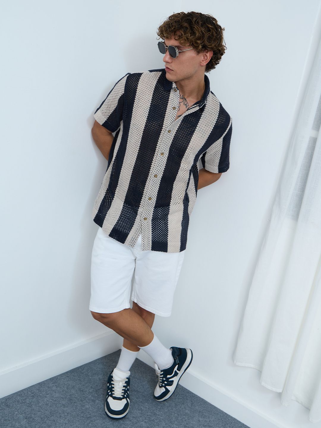 Open-Knit Shirt: Navy Stripes Men Textured Shirts