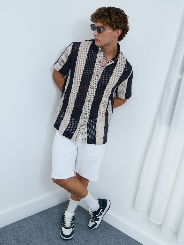 Open-Knit Shirt: Navy Stripes Men Textured Shirts