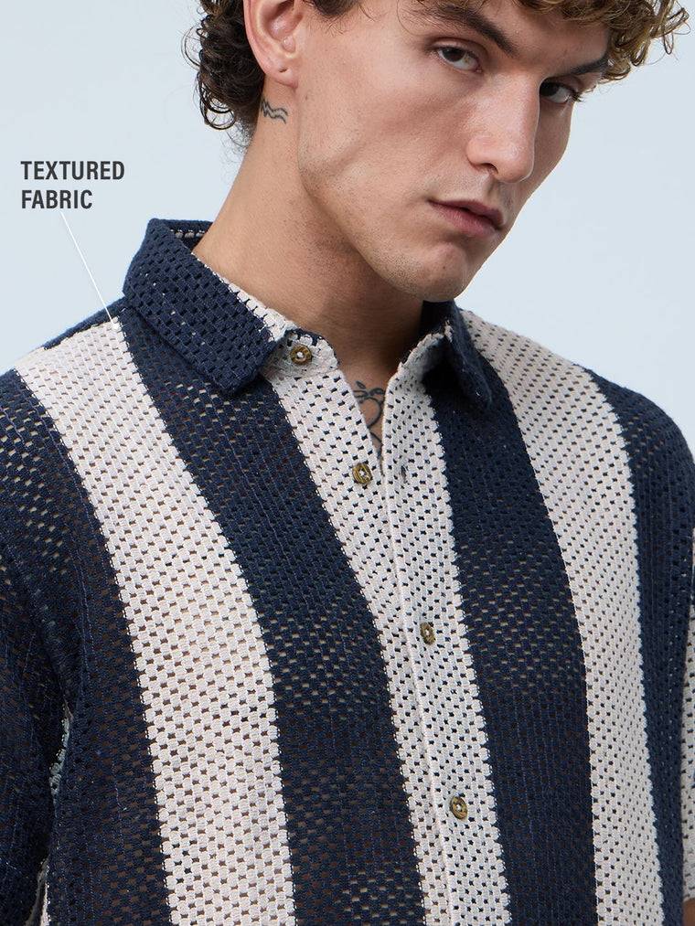 Open-Knit Shirt: Navy Stripes Men Textured Shirts