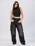 Zipper Top: Charcoal Black Women Fashion Tops