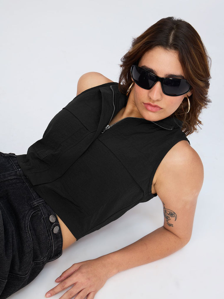Zipper Top: Charcoal Black Women Fashion Tops
