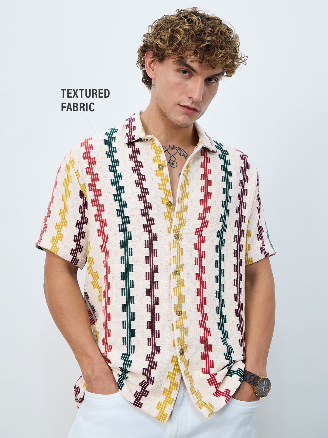 Open-Knit Shirt: Tropical Stripes Men Textured Shirts