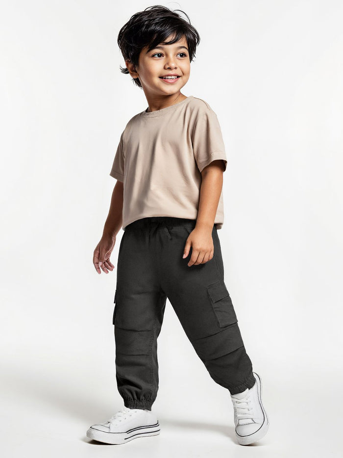 Solids: Charcoal Black Boys Cargo Joggers (2-8 Yrs)