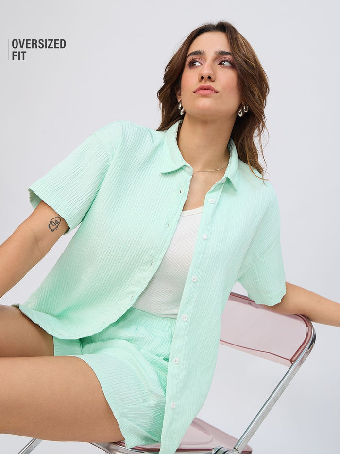 Textured Shirt: Aqua Women Oversized Shirts
