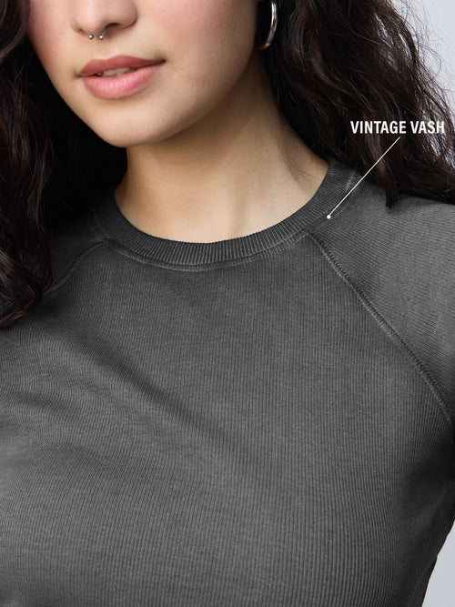 Ribbed Acid Wash Tee: Black Women Fitted T-Shirts