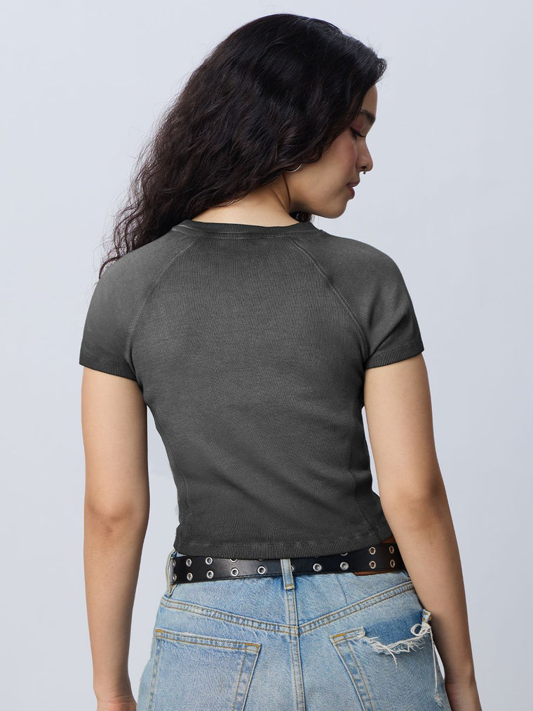 Ribbed Acid Wash Tee: Black Women Fitted T-Shirts