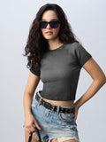 Ribbed Acid Wash Tee: Black Women Fitted T-Shirts