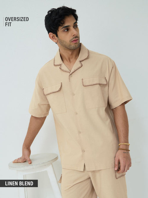 Cotton Linen Utility: Sand Oversized Shirts