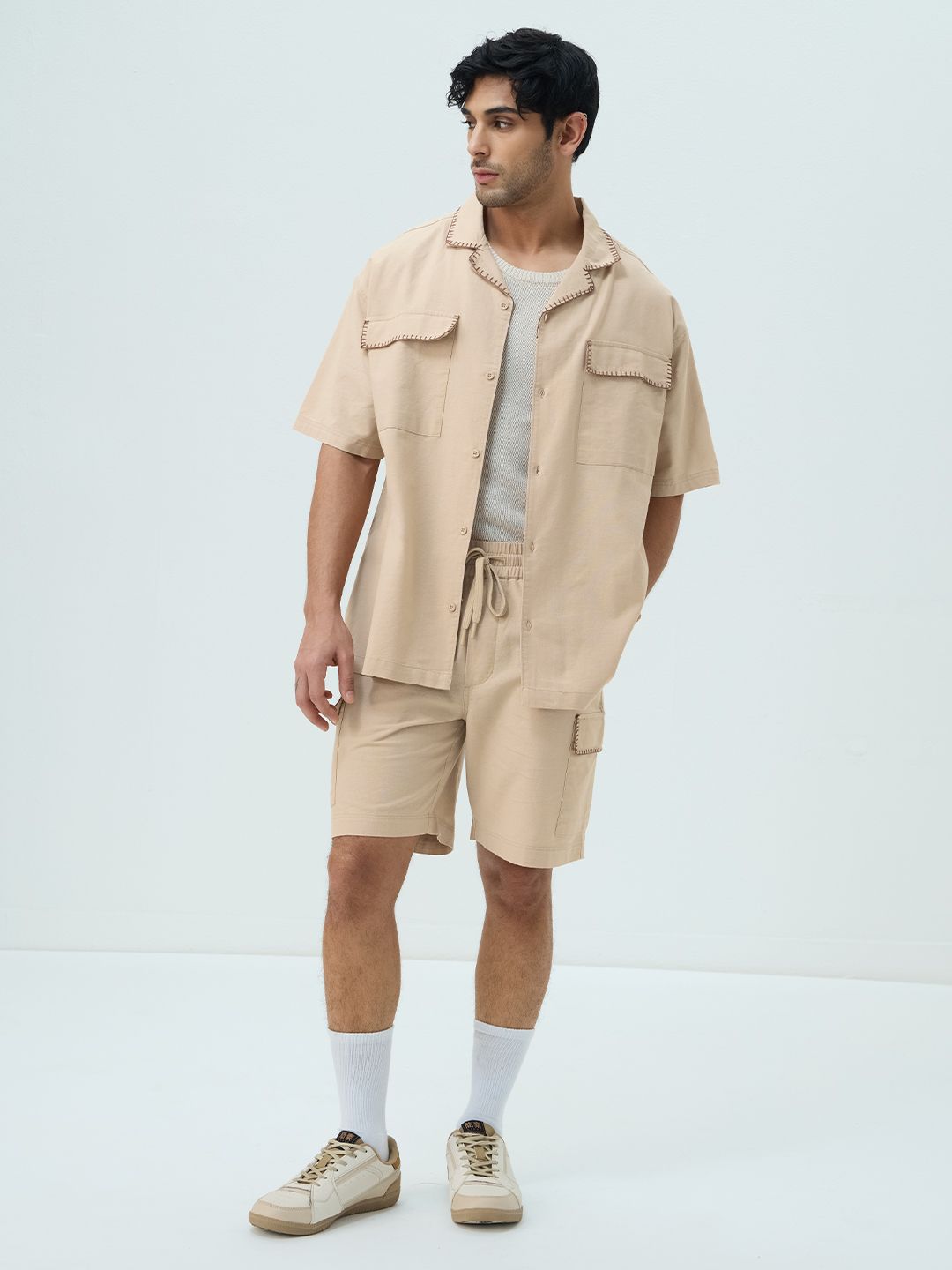Cotton Linen Utility: Sand Oversized Shirts