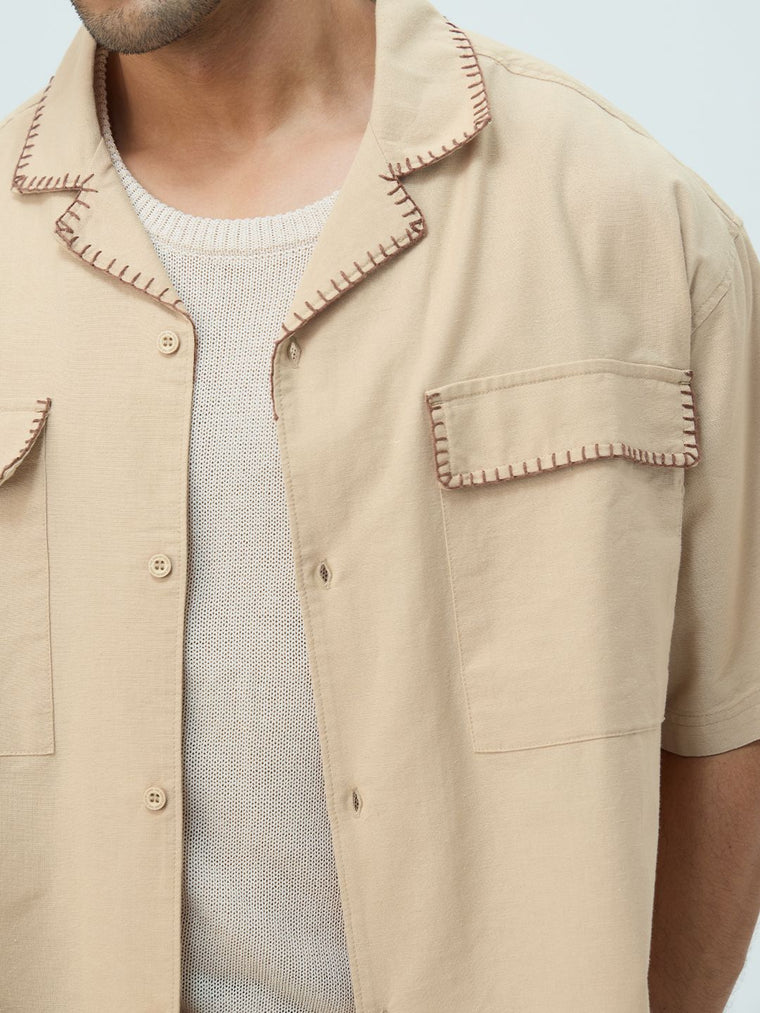 Cotton Linen Utility: Sand Oversized Shirts